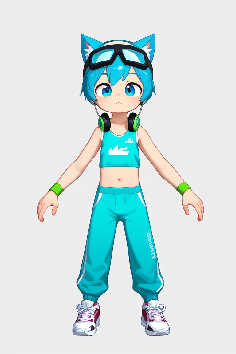 solo,male,shota,cat_boy,animal ear,blue ear,blue hair,blue eyes,BREAK,
headphones around neck,green headphones,(solo headphones:1.25),BREAK,
goggles_on_head,ski_goggles,green goggles,BREAK,
sneakers,crop_top,
wet,
score_9,score_8_up,score_7_up,score_6_up,score_5_up,score_4_up,masterpiece,chibi