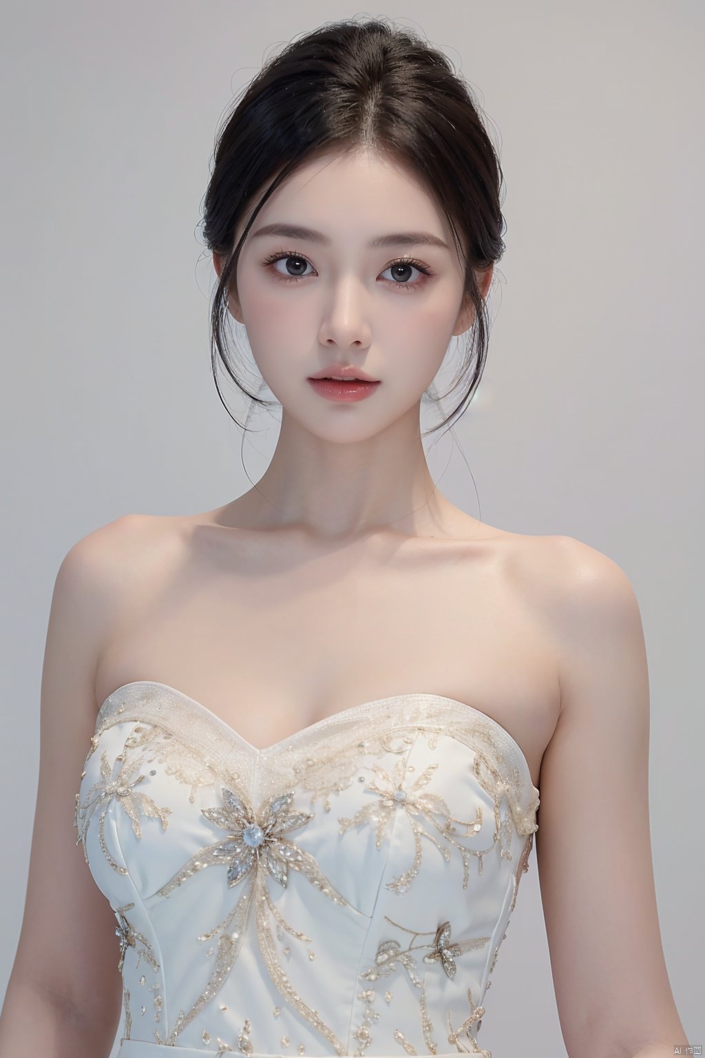 A girl,charming and elegant dress,fashionable and luxurious,with black eyes,advertising photography,white background,standing posture,upper body photo,advertising blockbuster photography,realistic,exquisite,high-definition,8K,perfect facial details,the best quality,