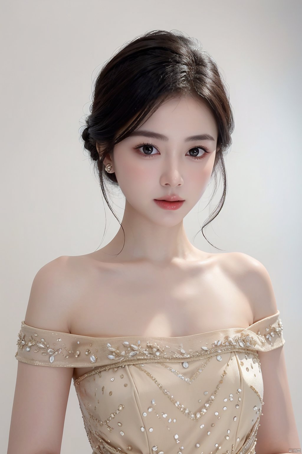 A girl,charming and elegant dress,fashionable and luxurious,with black eyes,advertising photography,white background,standing posture,upper body photo,advertising blockbuster photography,realistic,exquisite,high-definition,8K,perfect facial details,the best quality,