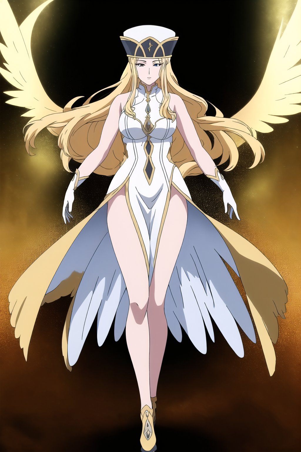 solo, 1girl, long blonde hair, elegant dress, sleeveless dress, high collar, unique hat, high heels, divine warrior, detailed armor, flowing fabric, determined expression, anime style, fantasy setting, mystical ambiance, dynamic pose, intricate design, full body, gloves, ultra detailed, 8k, 4k, high definition, perfect anatomy, high quality
