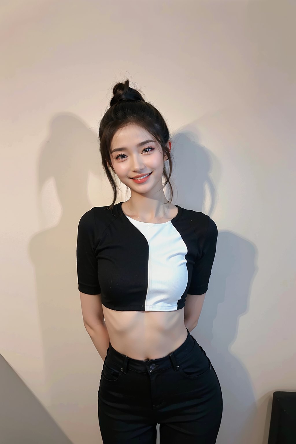 best quality,masterpiece,ultra high res,looking at viewer,simple background, 1girl, solo, looking_at_viewer, black hair,realistic,(standing),slim,(smile)(,hands_behind_back),