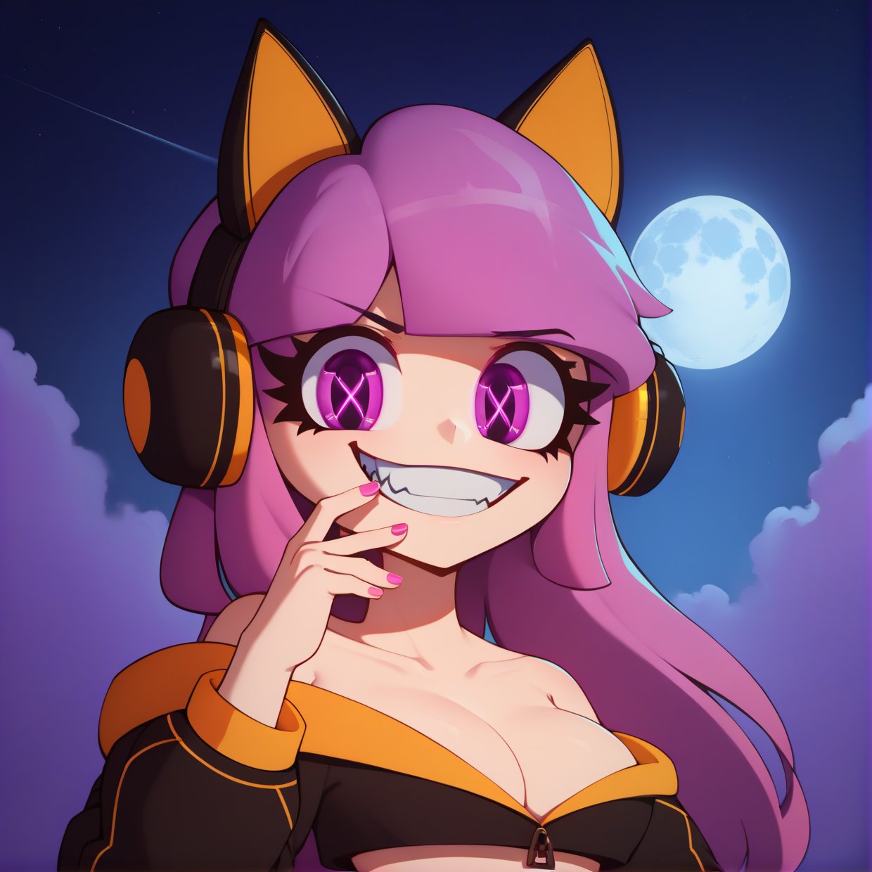 score_9_up, score_8_up, score_7_up, source_anime, BREAK, ic-313n, 1girl, long hair, pink hair, cat ear headphones, pink eyes, glowing eyes, evil smile, clenched teeth, black jacket, cropped jacket, crop top, (finger on own lips), looking at viewer, facing viewer, BREAK, outdoors, pink smoke on background, pink mist, (night), fullmoon, dark lighting, upper body, BREAK, (masterpiece, epic, brutal, illustration, extremely detailed, ultra-detailed:1.2), (extremely detailed fine touch, colorful:1.2)