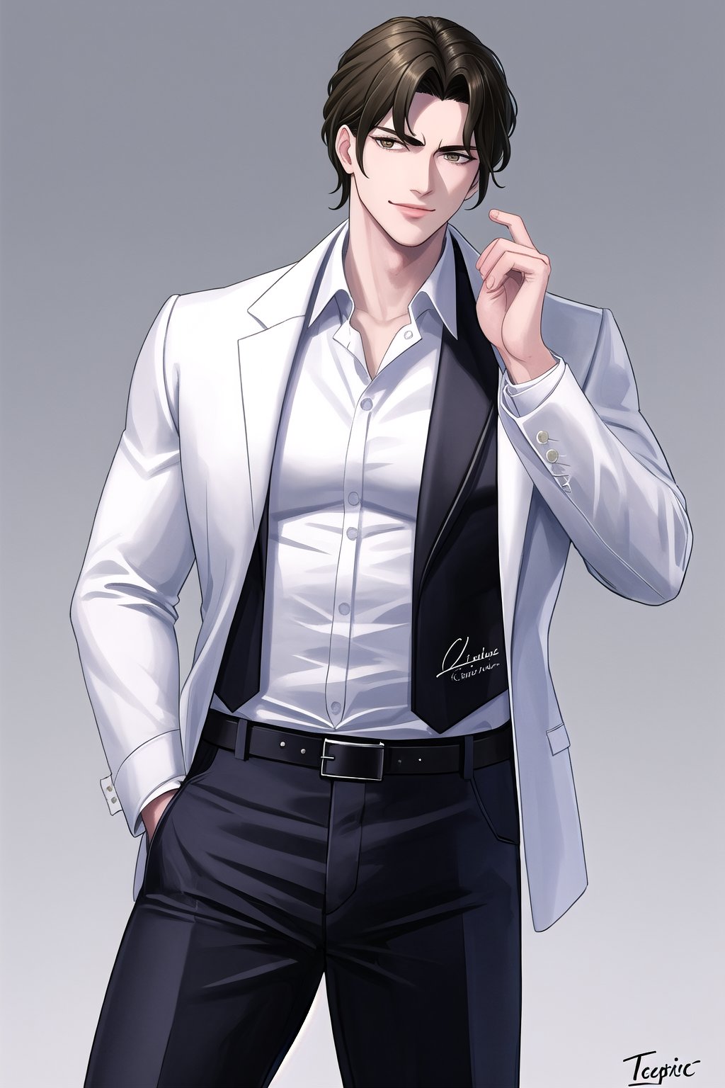 solo, looking at viewer, smile, simple background, brown hair, shirt, 1boy, male focus, belt, pants, artist name, signature, reactor eléctrico background, uniform, white shirt, tuxedo uniform, arm behind back, pocket, hand in pocket, hand on own chin