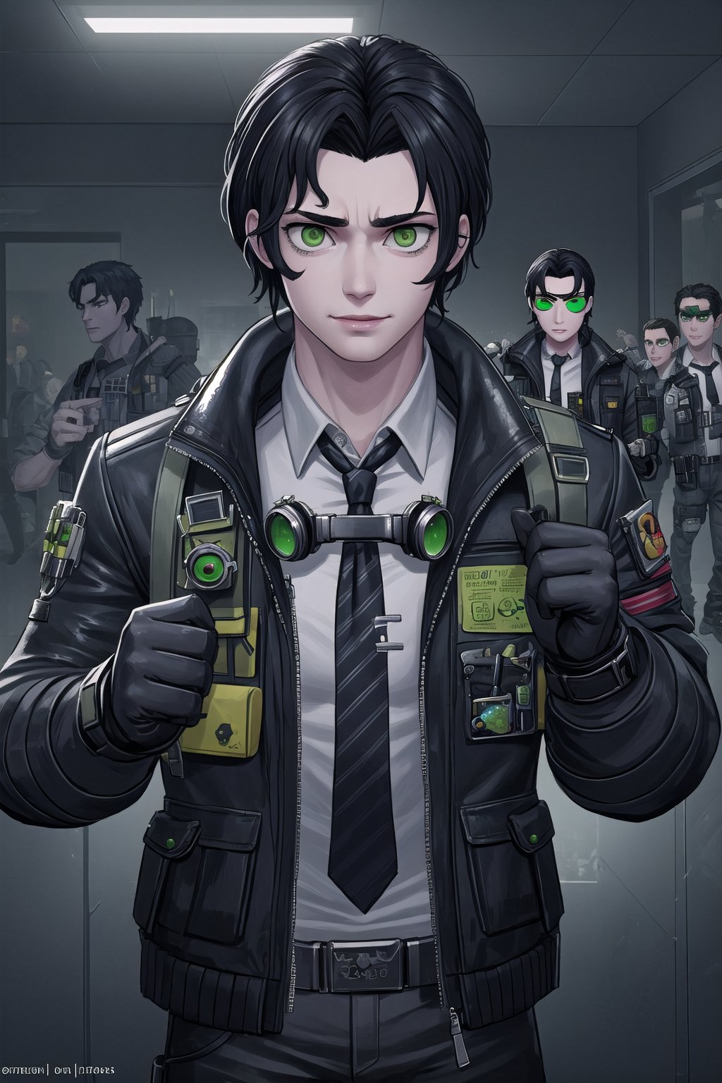 solo

looking at viewer

smile

black hair

gloves

1boy

green eyes

jacket

male focus

necktie

twitter username

bandages

goggles

goggles around neck

