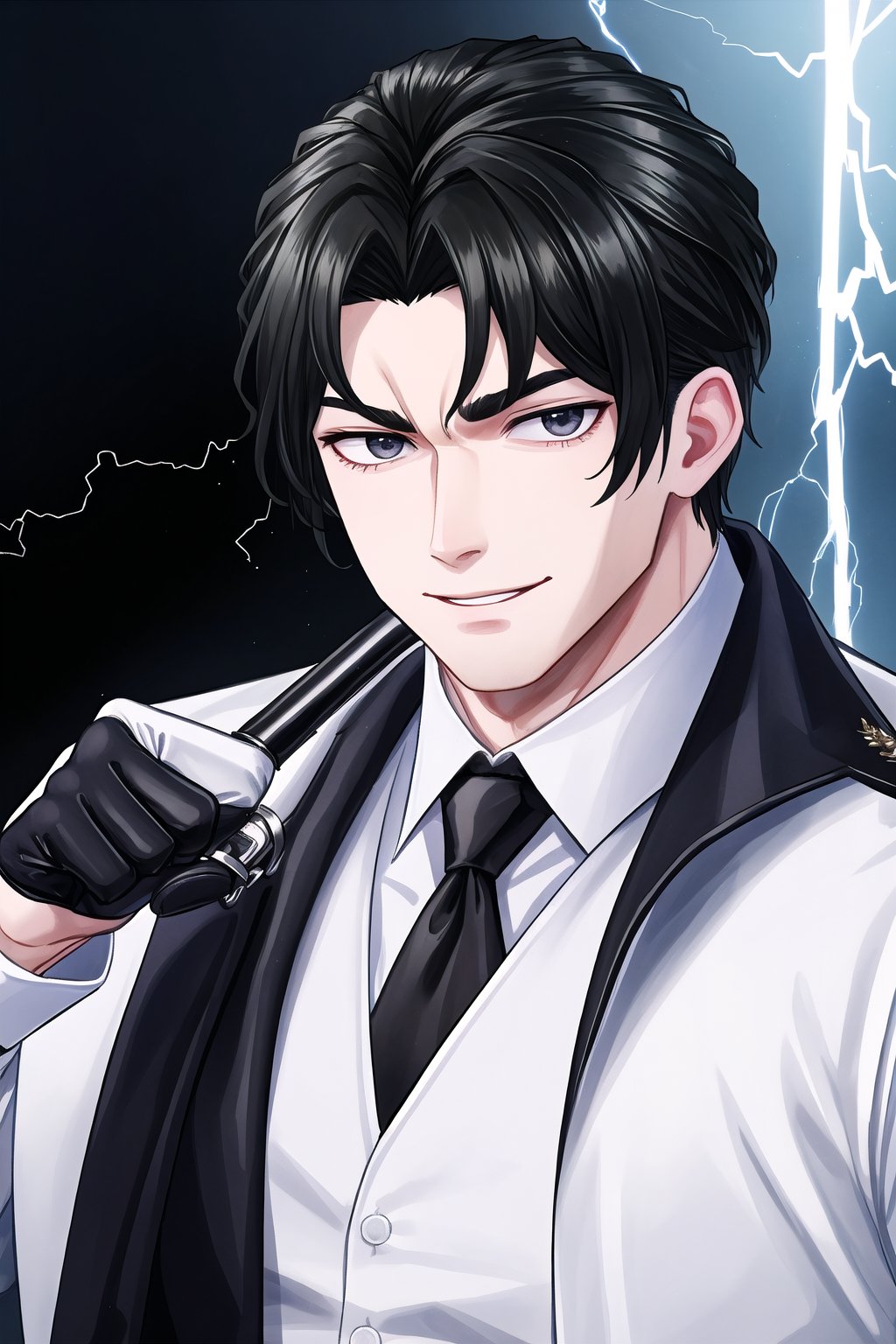 solo, looking at viewer, smile, short hair, open mouth, shirt, gloves, long sleeves, 1boy, jewelry, white shirt, upper body, male focus, necktie, black gloves, formal, ring, suit, electricity
