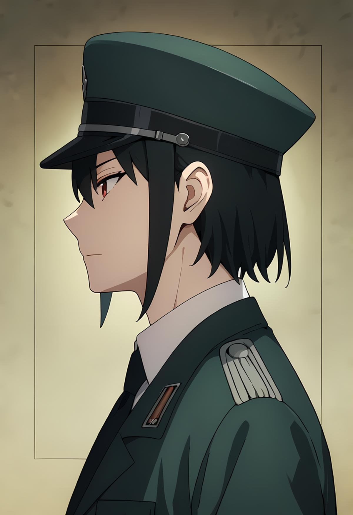 score_9,score_8_up,score_7_up,source_anime,1boy,solo,Yuri Briar,black hair,red eyes, upper body, HD, black gloves, Military uniform,white shirt,Black necktie,peaked cap,dark, looking away, from side,profile<lora:EMS-404388-EMS:0.800000>