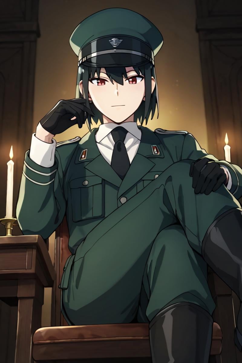 score_9,score_8_up,score_7_up,source_anime,1boy,solo,looking at viewer,Yuri Briar,black hair, red eyes,Military uniform,white shirt,Black necktie,peaked cup, close-up, Black gloves, chair, crossed_legs, pants, boots, dark, Candle, from below, step on<lora:EMS-404388-EMS:0.800000>