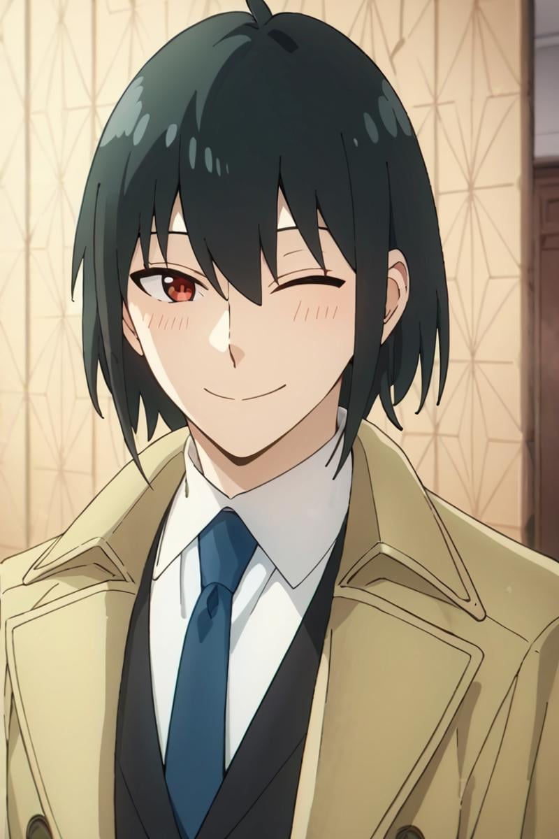 score_9,score_8_up,score_7_up,source_anime,1boy,solo,looking at viewer,Yuri Briar,black hair,Coat, black vest, white shirt, blue necktie, waved, one eye closed, red eye, smile, upper body<lora:EMS-404388-EMS:0.800000>