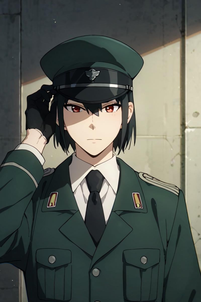 score_9,score_8_up,score_7_up,source_anime,1boy,solo,looking at viewer,Yuri Briar,black hair, red eyes,Military uniform,white shirt,Black necktie,peaked cup, standing, upper body, Adjusting headwear,Hand on headwear,Black gloves<lora:EMS-404388-EMS:0.800000>