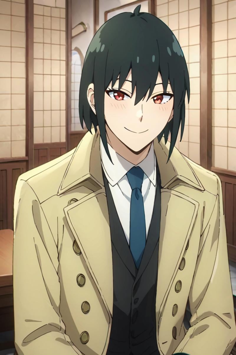 score_9,score_8_up,score_7_up,source_anime,1boy,solo,looking at viewer,Yuri Briar,black hair, red eyes,Coat, black vest, white shirt, blue necktie, smile, sitting, indoors<lora:EMS-404388-EMS:0.800000>