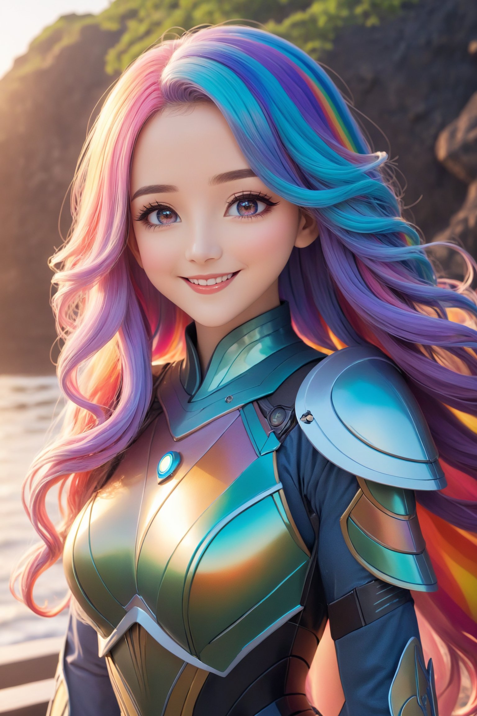 a cute anime girl, smiling, beautiful detailed eyes, beautiful detailed lips, extremely detailed face and hair, long eyelashes, wave long hair, intricate detailed dress, high quality, 4k, 8k, highres, masterpiece, ultra-detailed, anime style, professional, vibrant colors, soft lighting, colorful, medium eyes, rainbow hair, watching the beautiful sunrise,sci-fi style,sci-fi armor,wavy long hair,Details,Detailed Masterpiece,Reflections