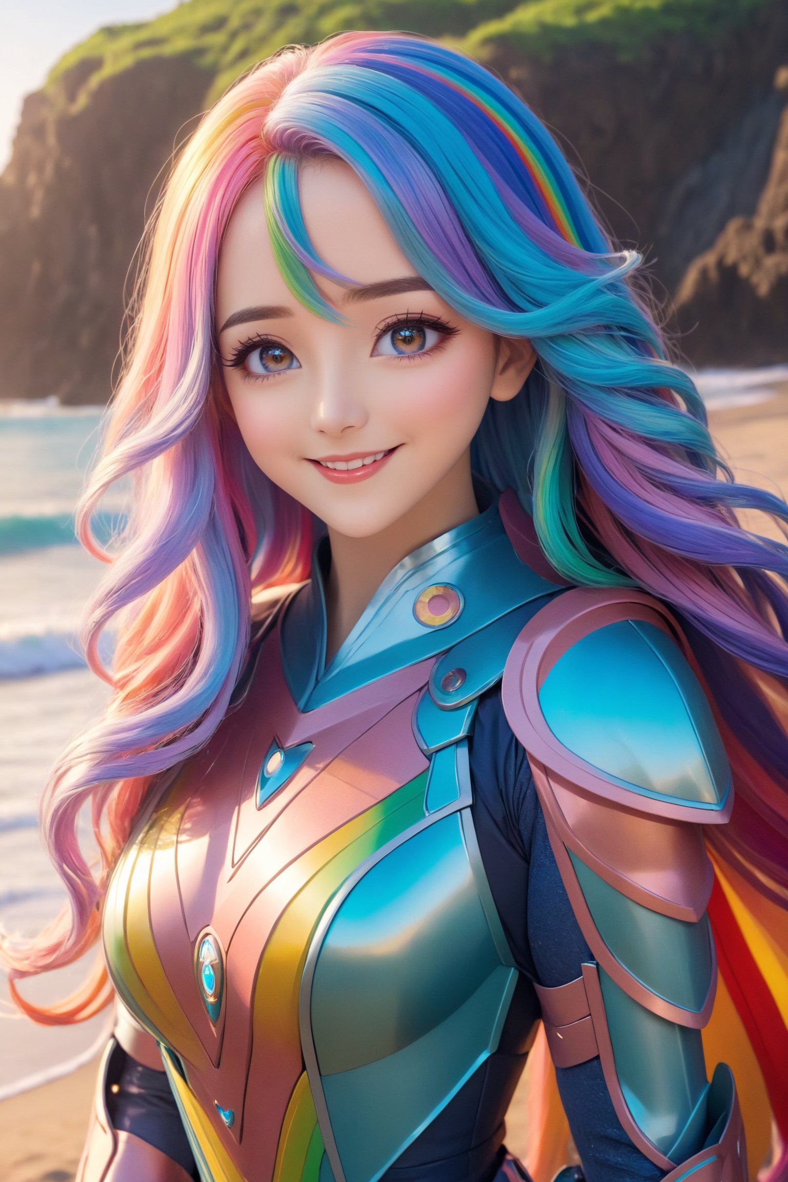 a cute anime girl, smiling, beautiful detailed eyes, beautiful detailed lips, extremely detailed face and hair, long eyelashes, wave long hair, intricate detailed dress, high quality, 4k, 8k, highres, masterpiece, ultra-detailed, anime style, professional, vibrant colors, soft lighting, colorful, medium eyes, rainbow hair, watching the beautiful sunrise,sci-fi style,sci-fi armor,wavy long hair,Details,Detailed Masterpiece,Reflections