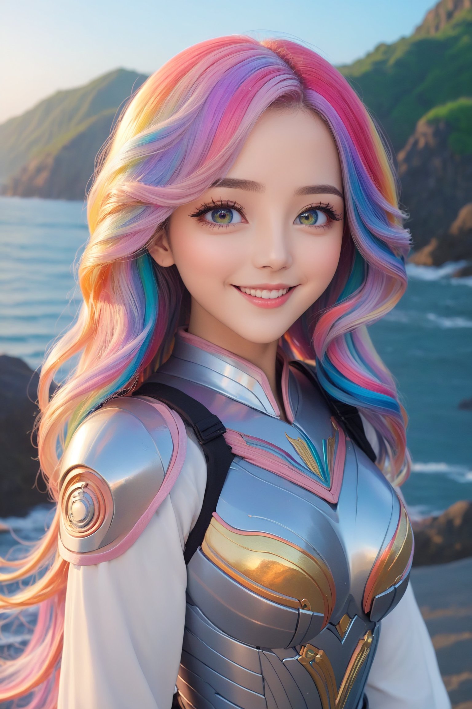 a cute anime girl, smiling, beautiful detailed eyes, beautiful detailed lips, extremely detailed face and hair, long eyelashes, wave long hair, intricate detailed dress, high quality, 4k, 8k, highres, masterpiece, ultra-detailed, anime style, professional, vibrant colors, soft lighting, colorful, medium eyes, rainbow hair, watching the beautiful sunrise,sci-fi style,sci-fi armor,wavy long hair,Details,Detailed Masterpiece,Reflections