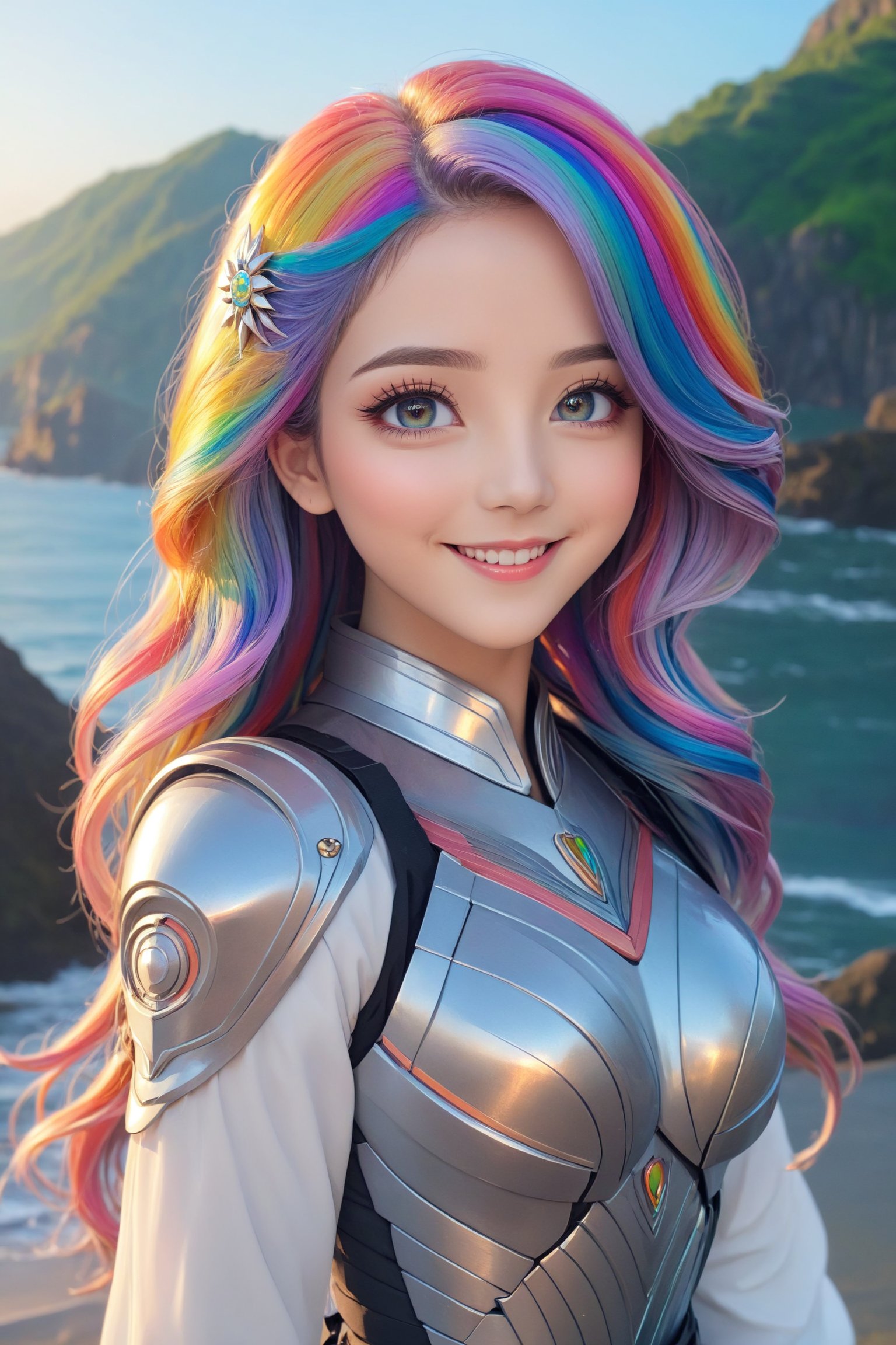 a cute anime girl, smiling, beautiful detailed eyes, beautiful detailed lips, extremely detailed face and hair, long eyelashes, wave long hair, intricate detailed dress, high quality, 4k, 8k, highres, masterpiece, ultra-detailed, anime style, professional, vibrant colors, soft lighting, colorful, medium eyes, rainbow hair, watching the beautiful sunrise,sci-fi style,sci-fi armor,wavy long hair,Details,Detailed Masterpiece,Reflections