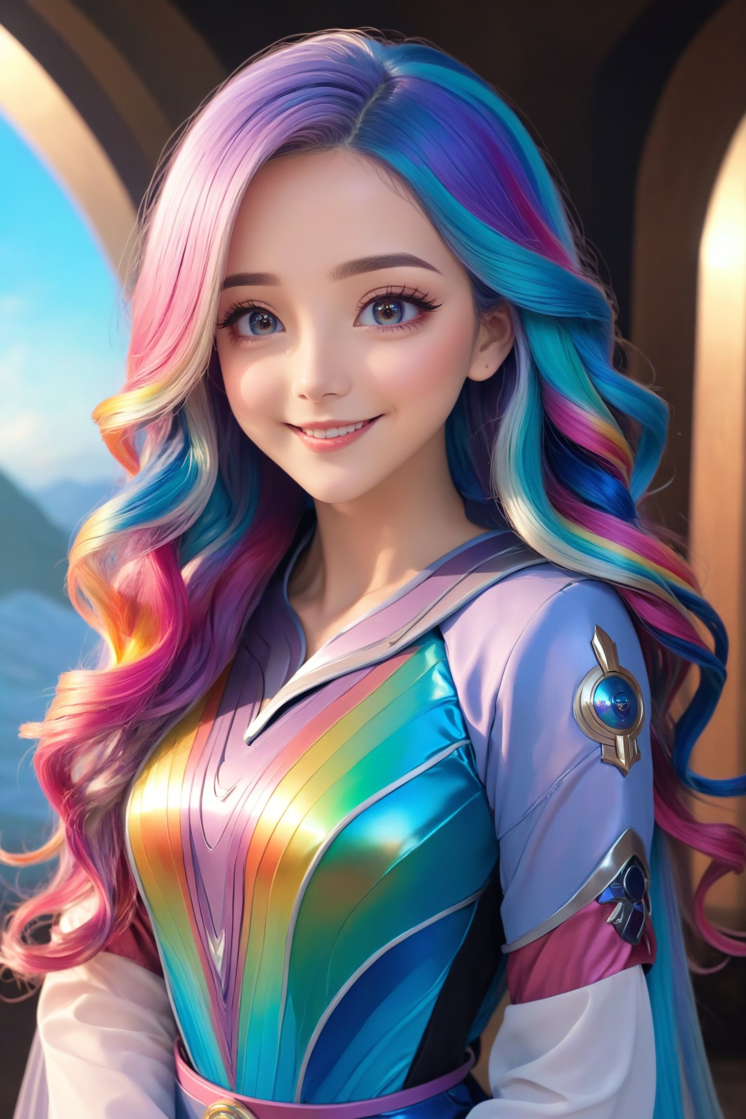 a cute anime girl, smiling, beautiful detailed eyes, beautiful detailed lips, extremely detailed face and hair, long eyelashes, wave long hair, intricate detailed dress, high quality, 4k, 8k, highres, masterpiece, ultra-detailed, anime style, professional, vibrant colors, soft lighting, colorful, medium eyes, rainbow hair, watching the beautiful sunrise,sci-fi style,sci-fi armor,wavy long hair,Details,Detailed Masterpiece,Reflections