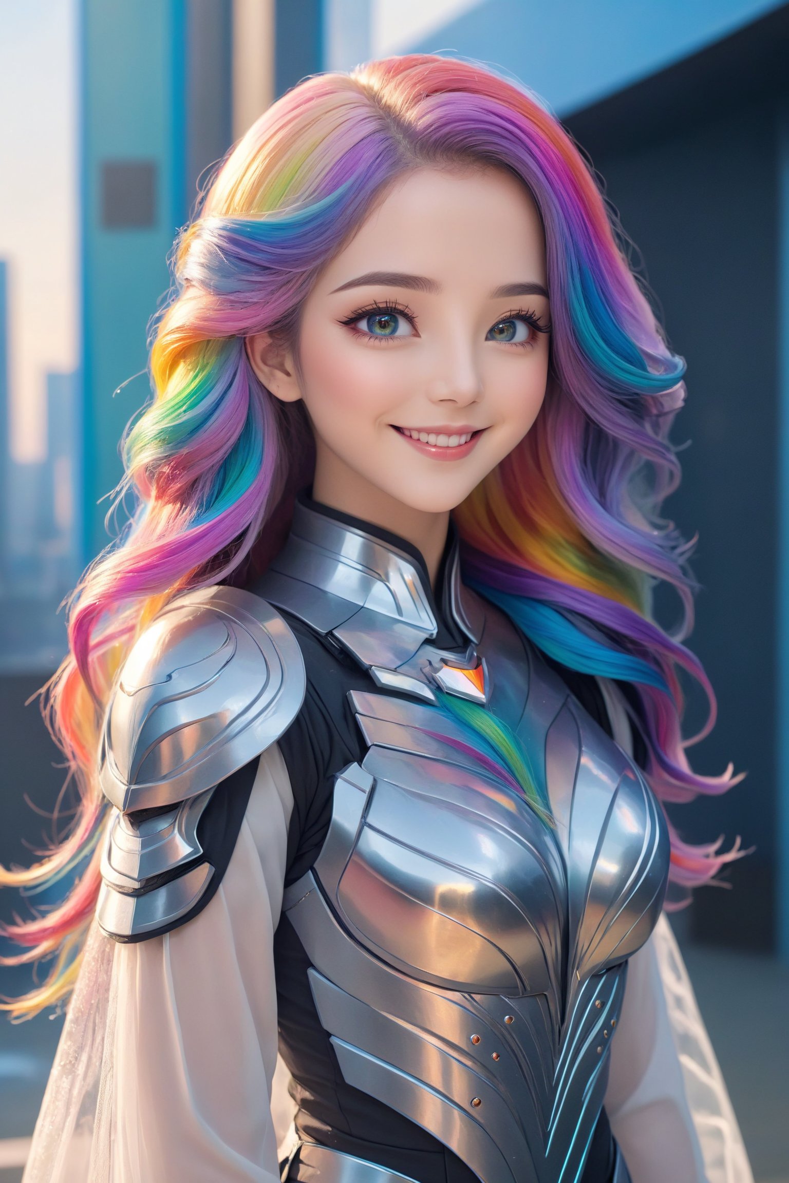 a cute anime girl, smiling, beautiful detailed eyes, beautiful detailed lips, extremely detailed face and hair, long eyelashes, wave long hair, intricate detailed dress, high quality, 4k, 8k, highres, masterpiece, ultra-detailed, anime style, professional, vibrant colors, soft lighting, colorful, medium eyes, rainbow hair, watching the beautiful sunrise,sci-fi style,sci-fi armor,wavy long hair,Details,Detailed Masterpiece,Reflections