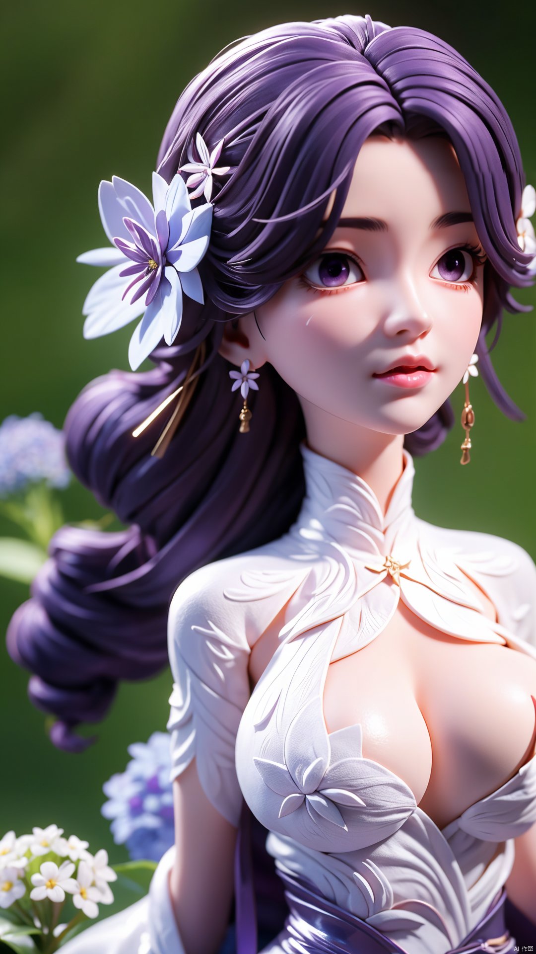 masterpiece, best quality,1girl, hair ornament, solo, long hair, purple hair, realistic, flower, upper body, , closed mouth, lips,Xyunxi,, (big breasts:1.39),depth of field,X-Hydrangea,xhuolinger,Xsulingyun, Yunxiao_Fairy,moyou