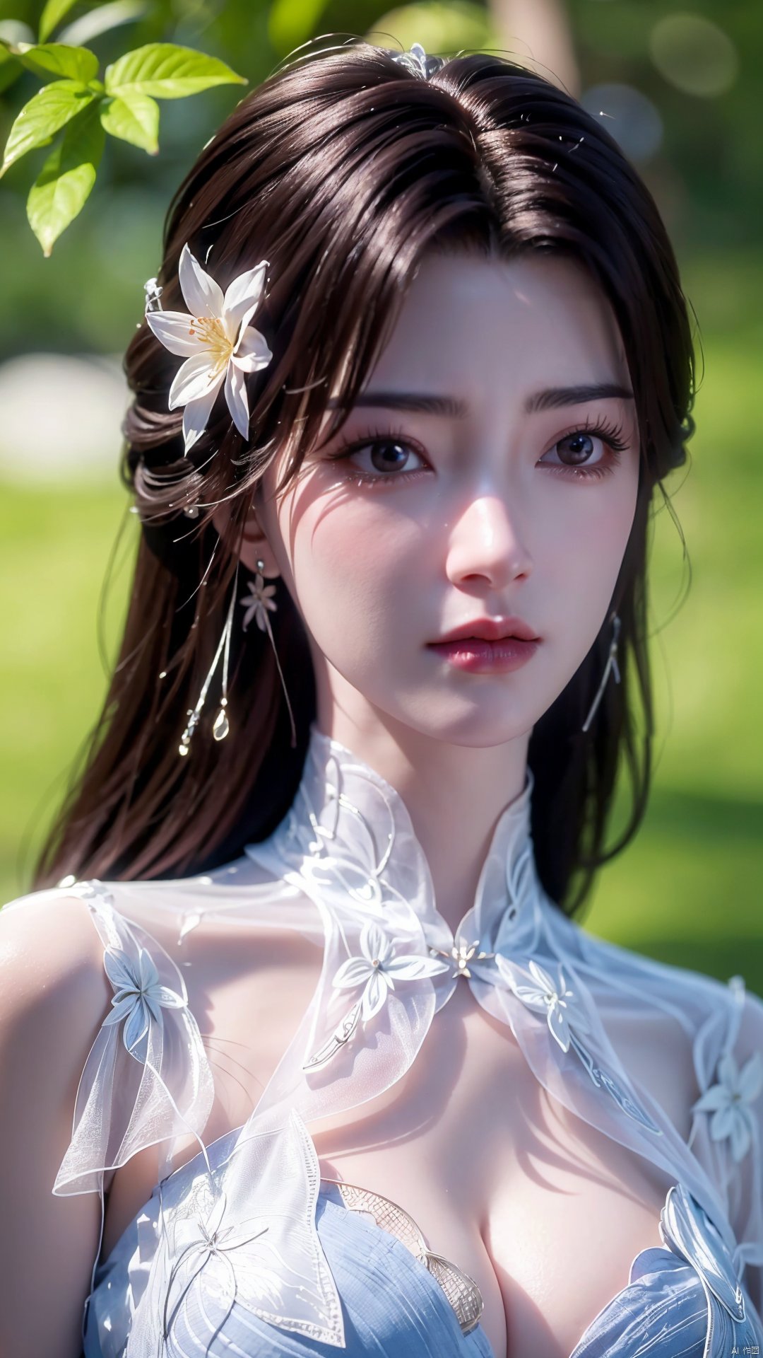 masterpiece, best quality,1girl, hair ornament, solo, long hair, purple hair, realistic, flower, upper body, , closed mouth, lips,Xyunxi,, (big breasts:1.39),depth of field,X-Hydrangea,xhuolinger,Xsulingyun, Yunxiao_Fairy,moyou