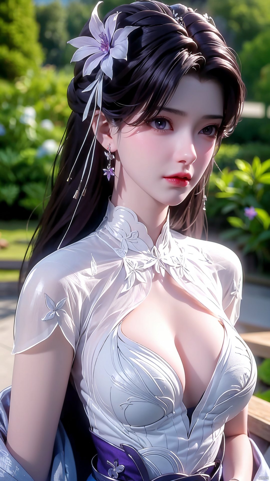 masterpiece, best quality,1girl, hair ornament, solo, long hair, purple hair, realistic, flower, upper body, , closed mouth, lips,Xyunxi,, (big breasts:1.39),depth of field,X-Hydrangea,xhuolinger,Xsulingyun, Yunxiao_Fairy,moyou