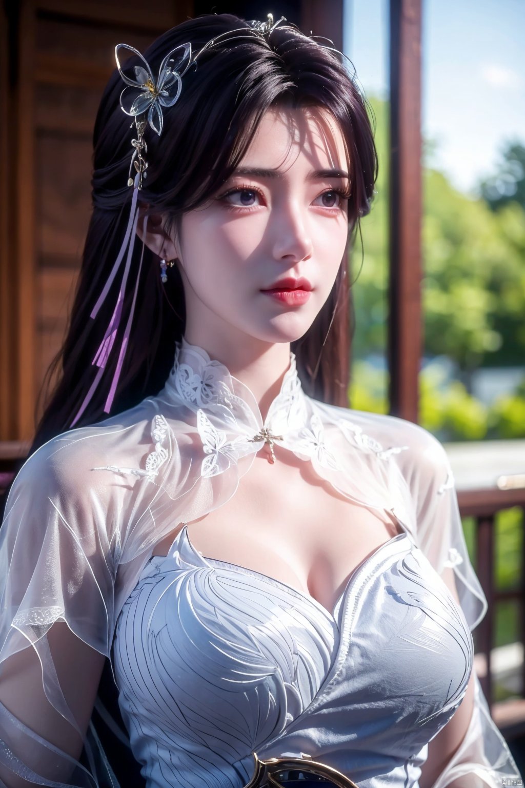 masterpiece, best quality,1girl, hair ornament, solo, long hair, purple hair, realistic, flower, upper body, , closed mouth, lips,Xyunxi,, (big breasts:1.39),depth of field,X-Hydrangea,xhuolinger,Xsulingyun, Yunxiao_Fairy,moyou