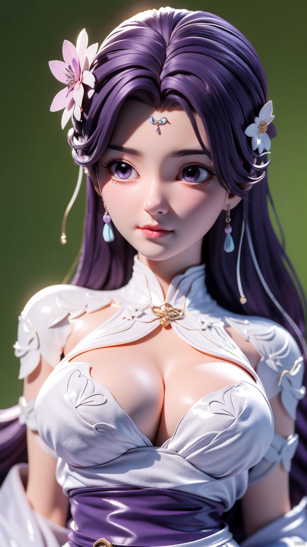 masterpiece, best quality,1girl, hair ornament, solo, long hair, purple hair, realistic, flower, upper body, , closed mouth, lips,Xyunxi,, (big breasts:1.39),depth of field,X-Hydrangea,xhuolinger,Xsulingyun, Yunxiao_Fairy,moyou