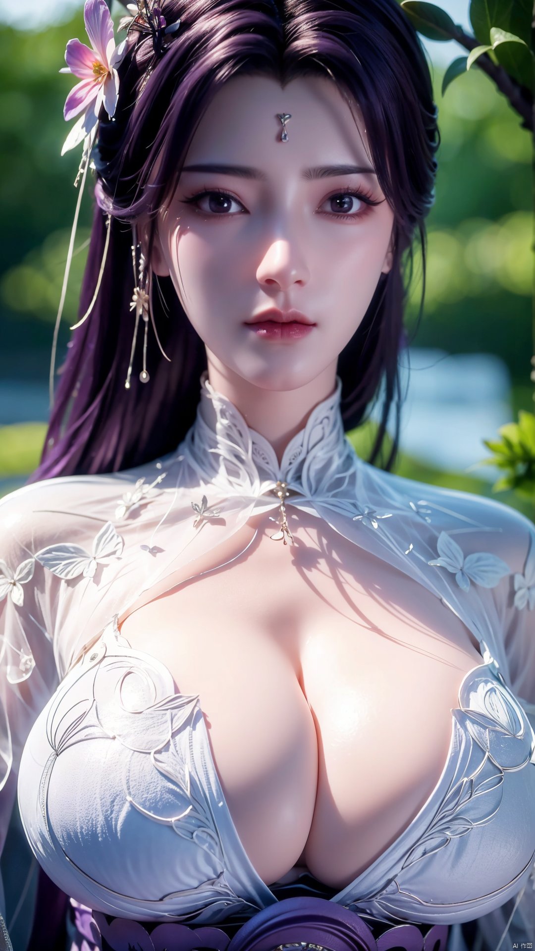 masterpiece, best quality,1girl, hair ornament, solo, long hair, purple hair, realistic, flower, upper body, , closed mouth, lips,Xyunxi,, (big breasts:1.39),depth of field,X-Hydrangea,xhuolinger,Xsulingyun, Yunxiao_Fairy,moyou