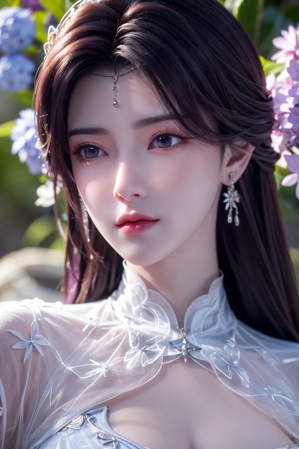 masterpiece, best quality,1girl, hair ornament, solo, long hair, purple hair, realistic, flower, upper body, , closed mouth, lips,Xyunxi,, (big breasts:1.39),depth of field,X-Hydrangea,xhuolinger,Xsulingyun, Yunxiao_Fairy,moyou