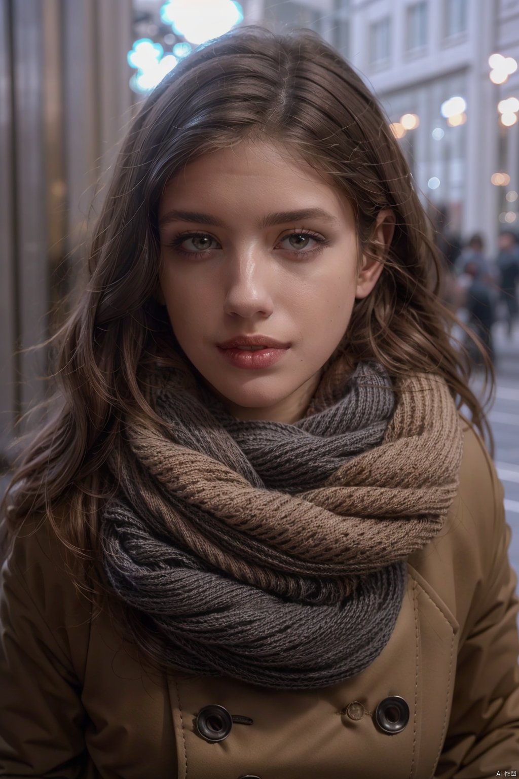 anna, 1girl, solo, realistic, scarf, brown hair, lips, blurry, blurry background, brown eyes, portrait, outdoors, coat, looking to the side, upper body, closed mouth