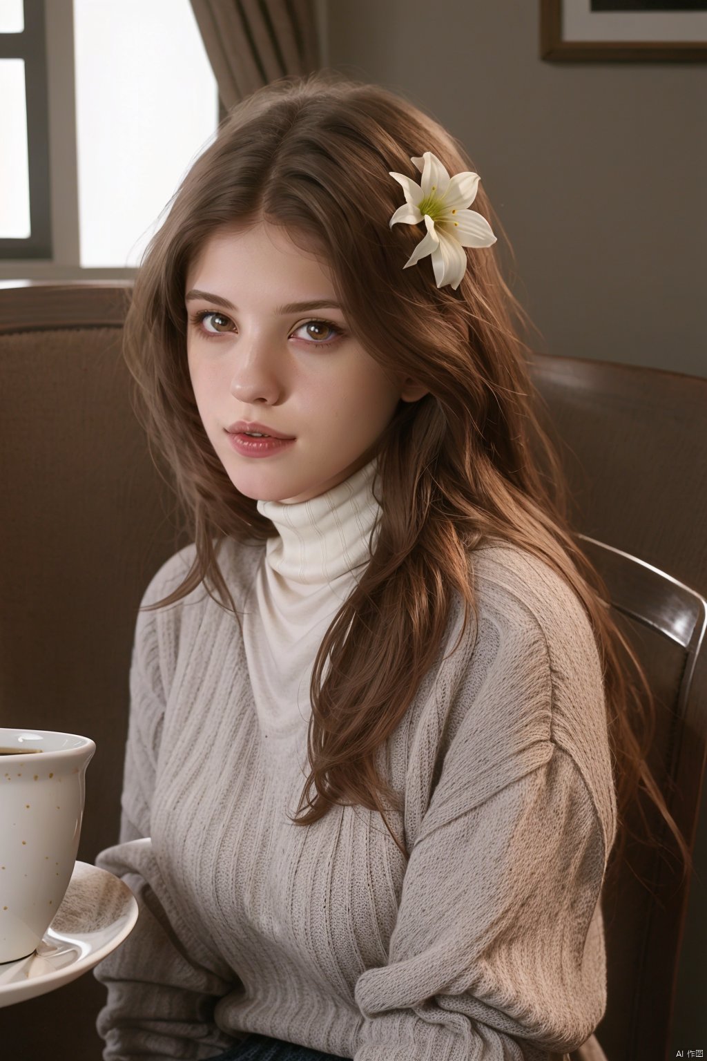 anna, 1girl, solo, long hair, realistic, brown hair, cup, sitting, lips, looking at viewer, sweater, table, upper body, turtleneck, chair, flower, indoors