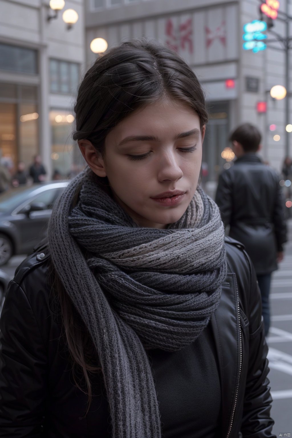 anna, scarf, solo, closed eyes, 1boy, male focus, realistic, blurry, holding, coat, upper body, outdoors, blurry background, black hair, short hair, closed mouth, phone