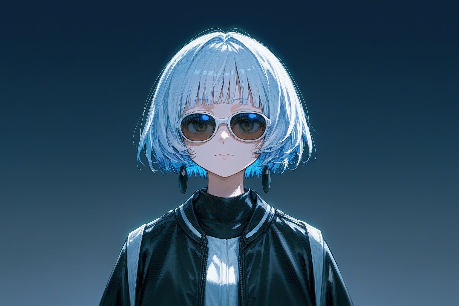 score_9_up,score_8_up, source_anime,solo,1girl,short-hair,bangs,long_sleeves,blue_dress,standing,jacket,white_hair,blunt_bangs,black_jacket,sunglasses,portrait,Nira-Chan