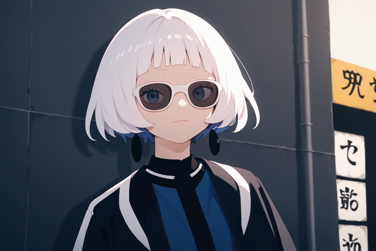 score_9_up,score_8_up, source_anime,solo,1girl,short-hair,looking_at_viewer,bangs,long_sleeves,blue_dress,standing,jacket,white_hair,blunt_bangs,black_jacket,sunglasses,portrait,Nira-Chan