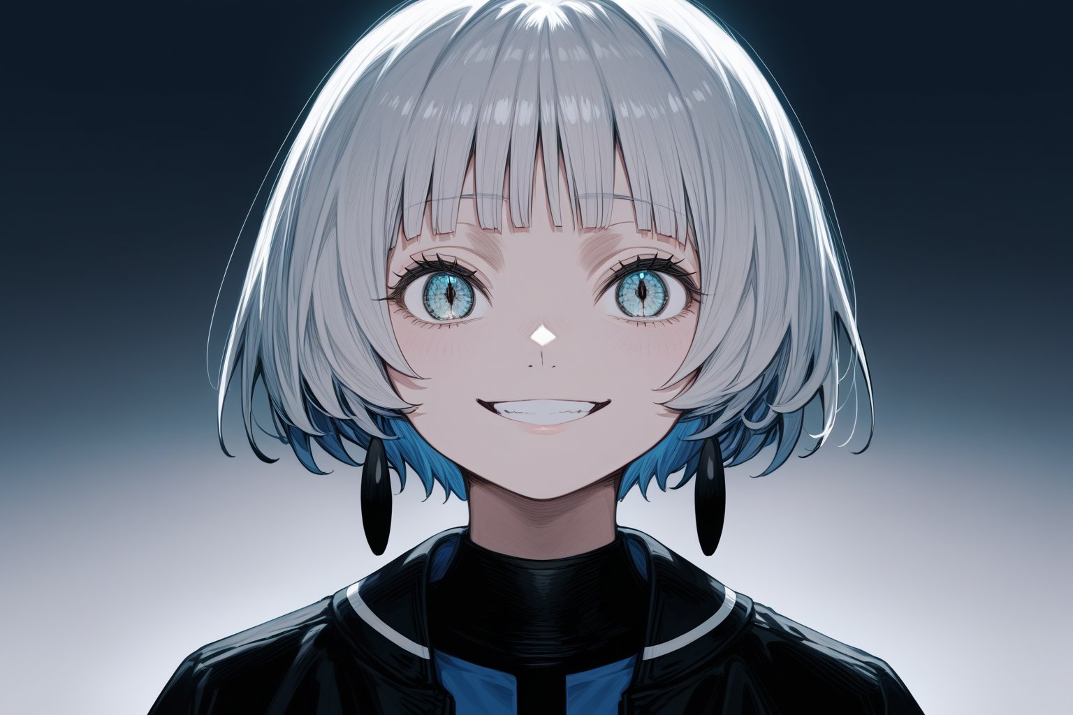 score_9_up,score_8_up, source_anime,solo,1girl,short-hair,bangs,long_sleeves,blue_dress,standing,jacket,white_hair,blunt_bangs,portrait,evil_smile,grey_eyes,Nira-Chan