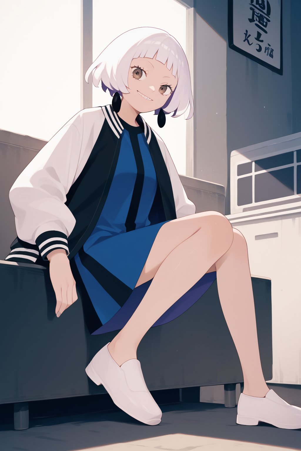 score_9_up,score_8_up, source_anime,solo,1girl,short-hair,bangs,blue_dress,white_hair,blunt_bangs,evil_smile,brown_eyes,shoes,jacket,black_jacket, letterman_jacket,indoors,full_body,tube_dress,Nira-Chan