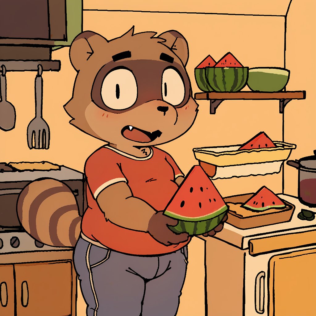 wtrmel, score_9, score_8_up, raccoon, chubby, fang, open mouth, holding watermelon slide, stealing food, kitchen interior, looking at viewer, !, clothed, pants, anthro
