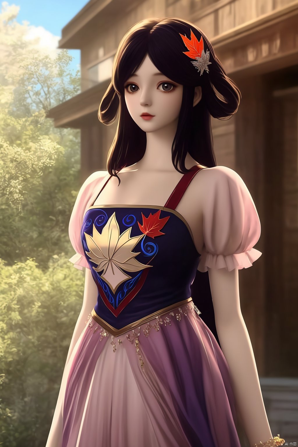 water,maple leaf,petals,outdoors,masterpiece,(best quality),official art, extremely detailed cg 8k wallpaper,((crystalstexture skin)), (extremely delicate and beautiful),highly detailed, (collarbone:0.724),1girl,long hair,hair ornament,