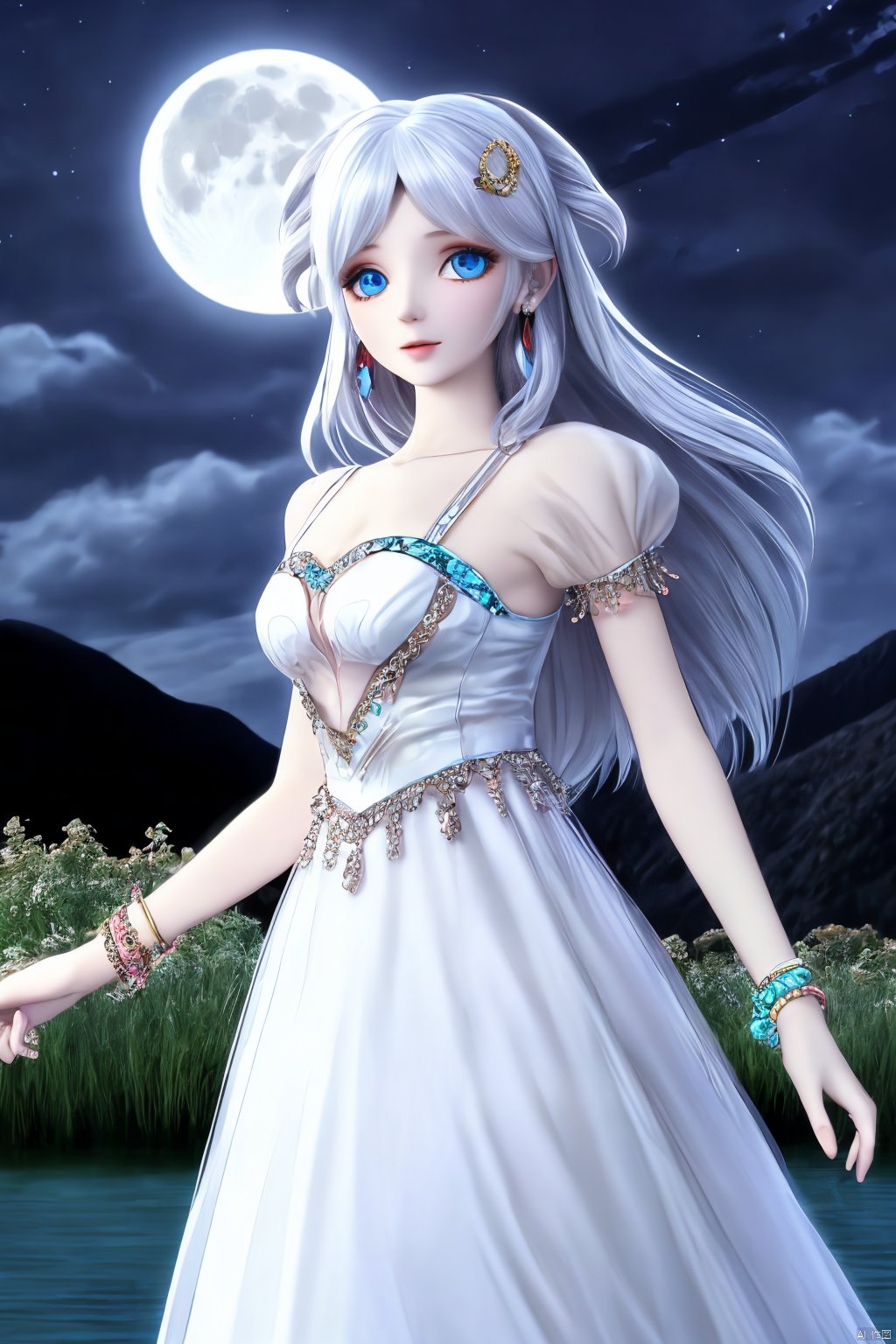 1girl, solo, long hair, looking at viewer, blue eyes, hair ornament, dress, jewelry,, white hair, earrings, outdoors, sky, water, white dress, bracelet, night, moon, star \(sky\), night sky, full moon, mountain, dress