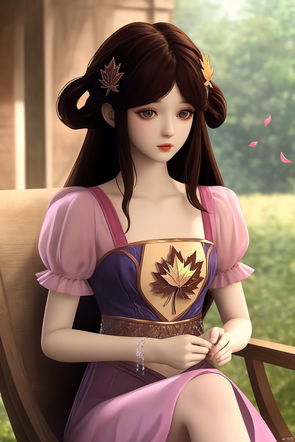 water,maple leaf,petals,outdoors,masterpiece,(best quality),official art, extremely detailed cg 8k wallpaper,((crystalstexture skin)), (extremely delicate and beautiful),highly detailed, (collarbone:0.724),1girl,long hair,hair ornament,sitting