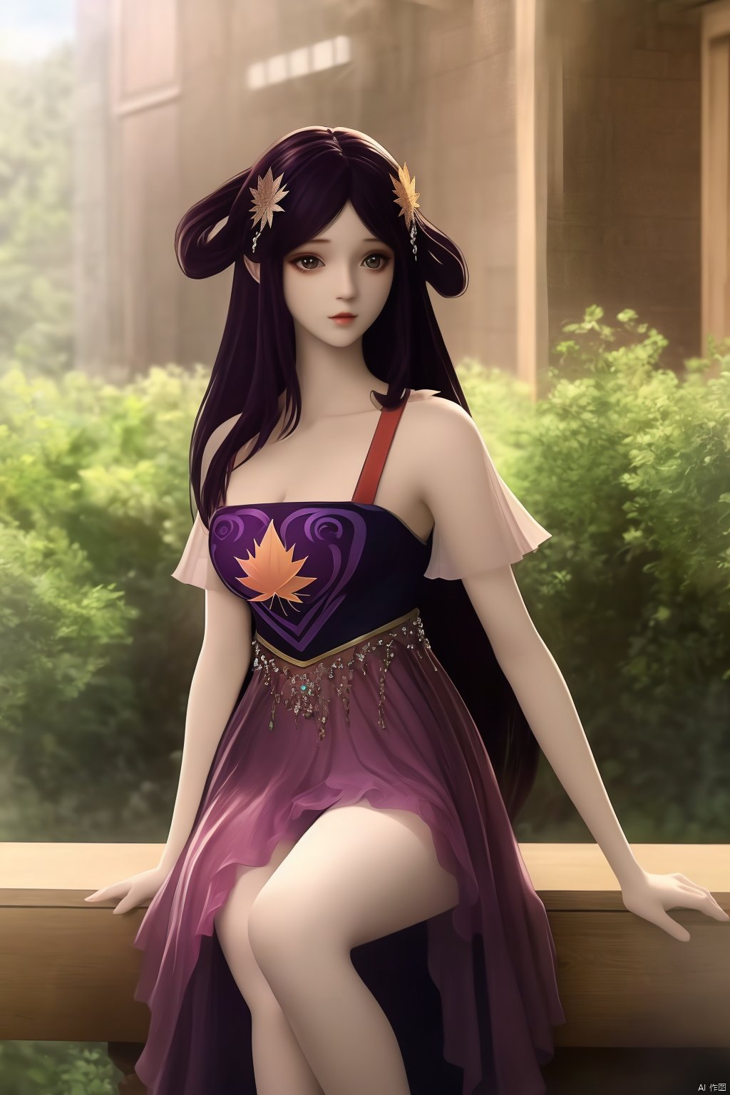 water,maple leaf,petals,outdoors,masterpiece,(best quality),official art, extremely detailed cg 8k wallpaper,((crystalstexture skin)), (extremely delicate and beautiful),highly detailed, (collarbone:0.724),1girl,long hair,hair ornament,sitting,