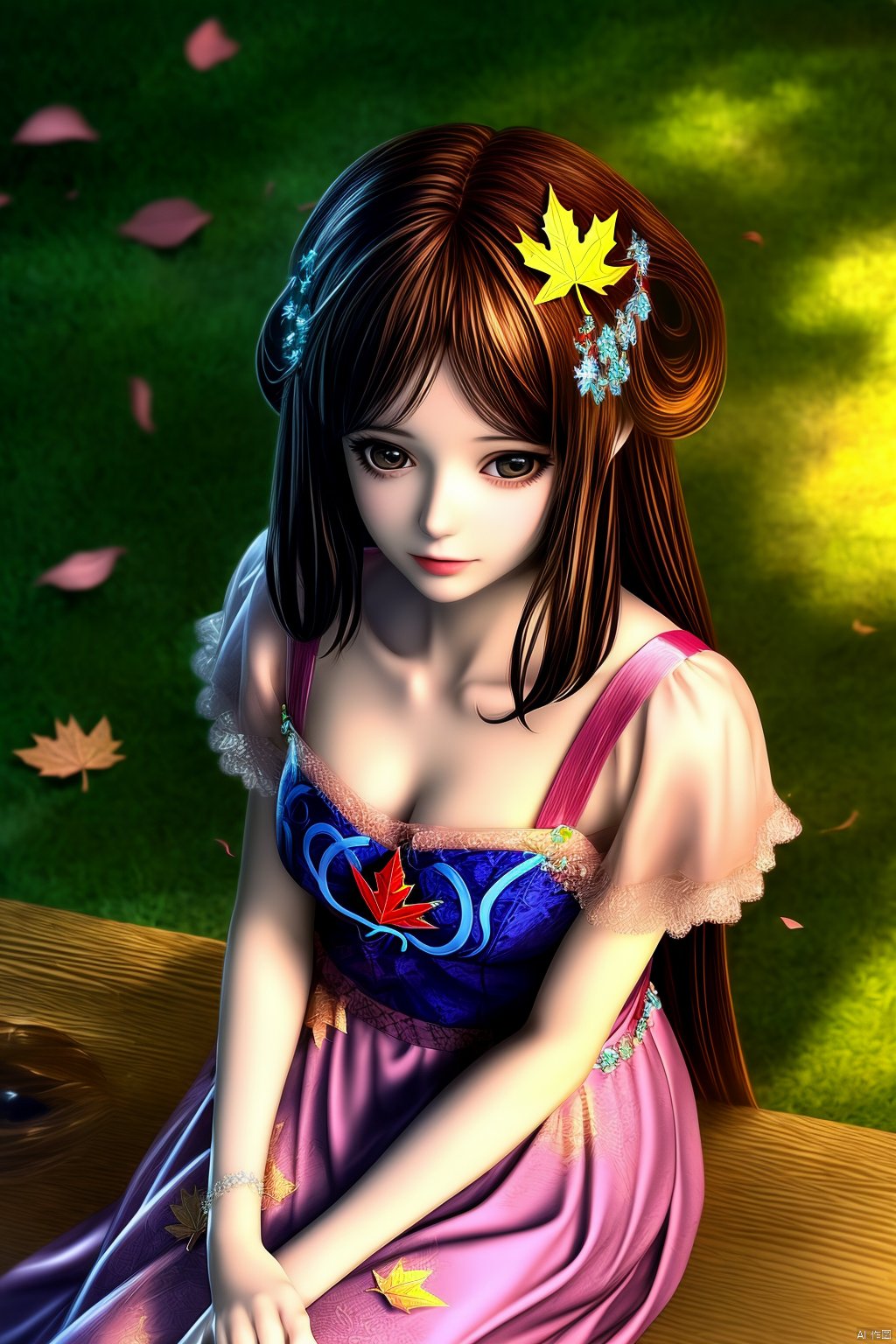 water,maple leaf,petals,outdoors,masterpiece,(best quality),official art, extremely detailed cg 8k wallpaper,((crystalstexture skin)), (extremely delicate and beautiful),highly detailed, (collarbone:0.724),1girl,long hair,hair ornament,sitting,hair rings,