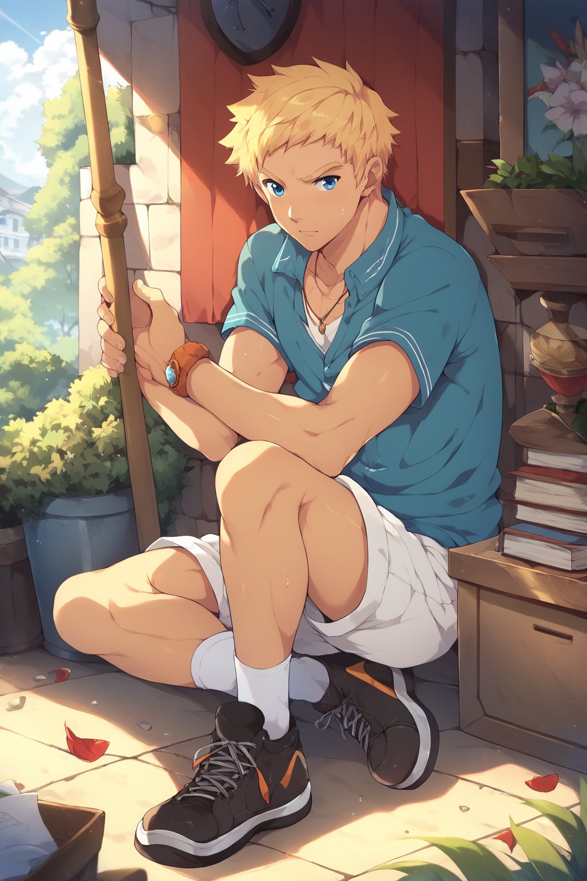 score_9, score_8_up, masterpiece, best quality, best aesthetic, perfect anatomy, perfect proportions, high_resolution, full body, 1boy, solo male, focus male, climb, blonde hair, blue eyes, short hair