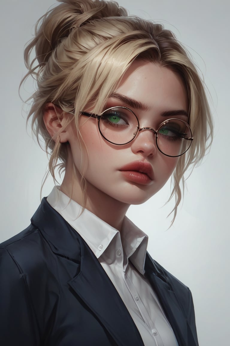 score_9, score_8_up, score_7_up, score_6_up, score_5_up, score_4_up,  1 girl, blonde hair, short hair, updo hair, black business suit, round eyewear, glasses, meeting room, green eyes, black skirt, zettai ryouik  , concept art, realistic, , expressiveH , 1990s \(style\), vintage 