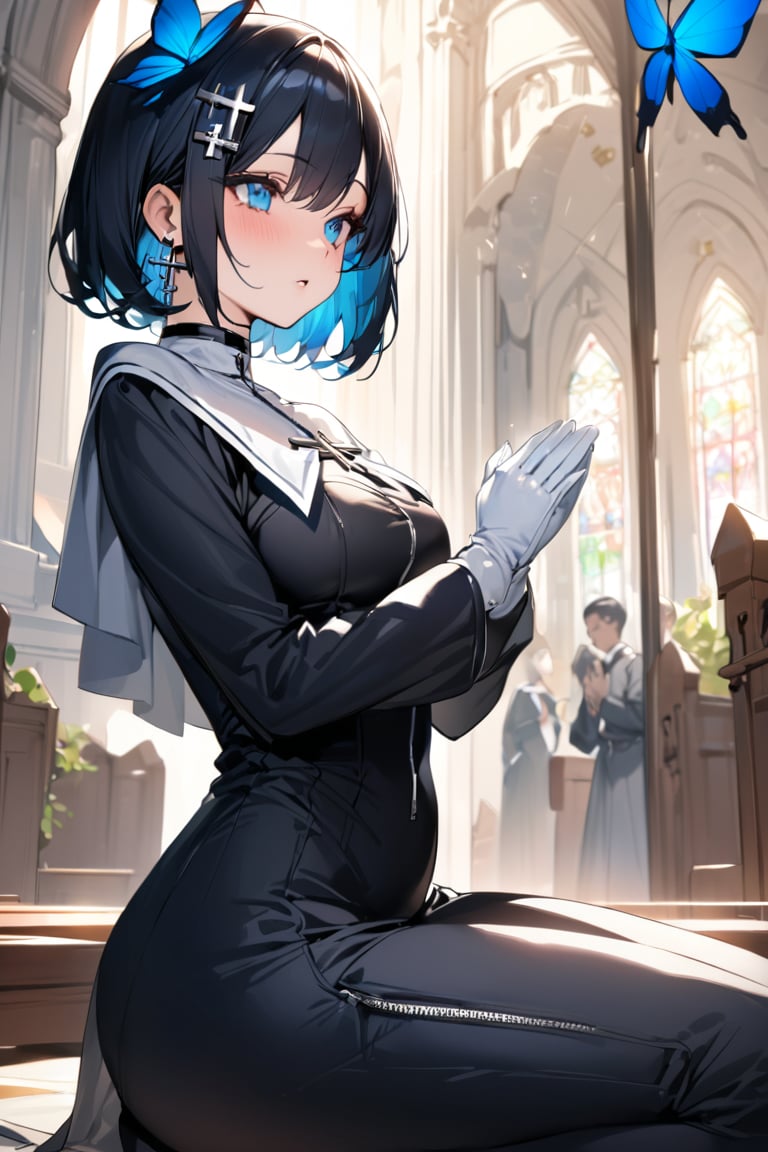 Masterpiece, Best Quality, High Resolution, Assister, Long Hair, Nun, Nun's Clothes, White Capelet, Ribbon on Neck, (Black Dress: 1.2), Long Sleeves, White Gloves, Full-Length Zipper, Church, Indoors, Kneeling, Praying, Hands Together, Hands Raised,

, (Boyish Girl), (Very Short Hair), Masculine Girl, Lively Girl,
(Beautiful Blue Eyes), Jewel-Like Blue Eyes,
(Shiny Black Hair), Black Hair, (Hair with Color on the Inside), Blue Hair at the Back,
Cross Lace Choker, Cross Necklace, Cross Earrings,
(Short Pointed Ears, Succubus Demon Ears: 0.5 )
Blake, Blue Butterfly Hair Accessory, (Cross Hairpin), (Ribbon Near Ear, Small Pink Ribbon on Crown: 0.4), (Succubus, Voluptuous Feminine Beauty: 0.4)