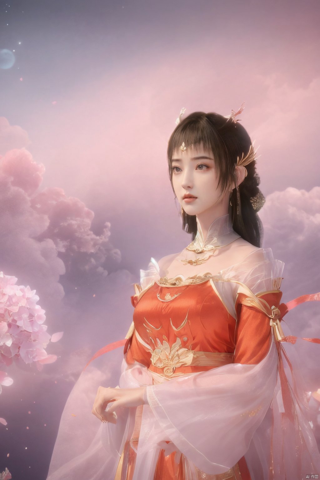 masterpiece,best quality,official art,extremely detailed CG unity 8k wallpaper,1girl, upper body,chinese clothes, above clouds, asteroid, spacecraft,Xyunluo,(big_breasts:1.39),(Hydrangea,X-Hydrangea),Xlimuwan, Water_butterfly,Xcheongsam, desert_sky,girl,depth of field,