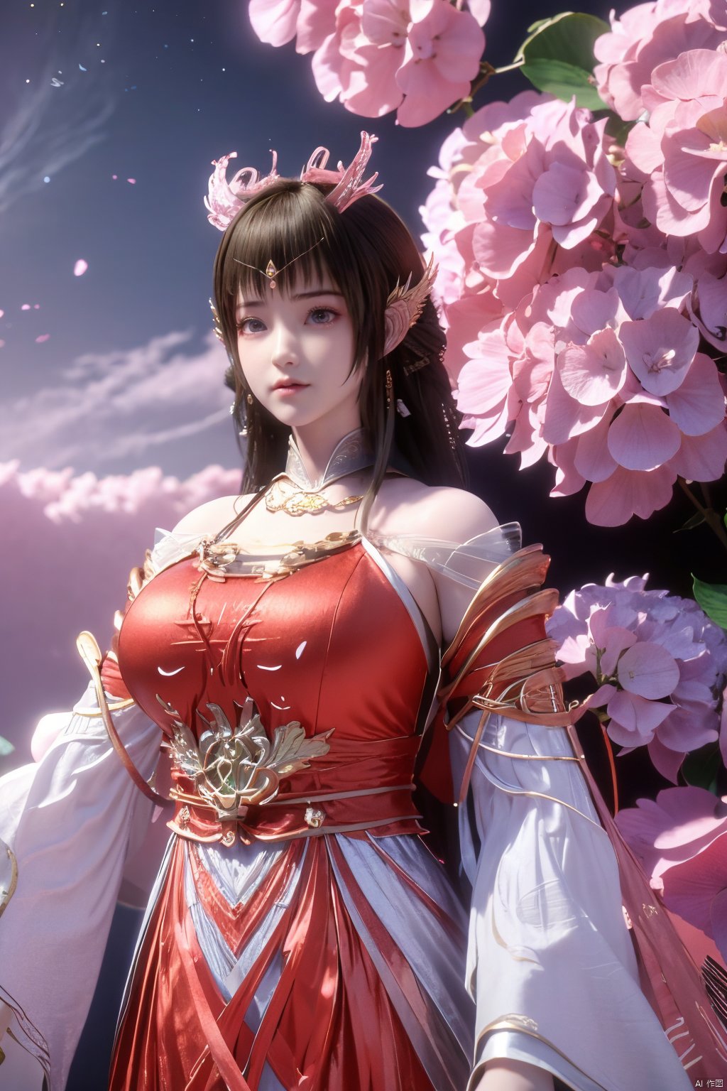 masterpiece,best quality,official art,extremely detailed CG unity 8k wallpaper,1girl, upper body,chinese clothes, above clouds, asteroid, spacecraft,Xyunluo,(big_breasts:1.39),(Hydrangea,X-Hydrangea),Xlimuwan, Water_butterfly,Xcheongsam, desert_sky,girl,depth of field, 1 girl