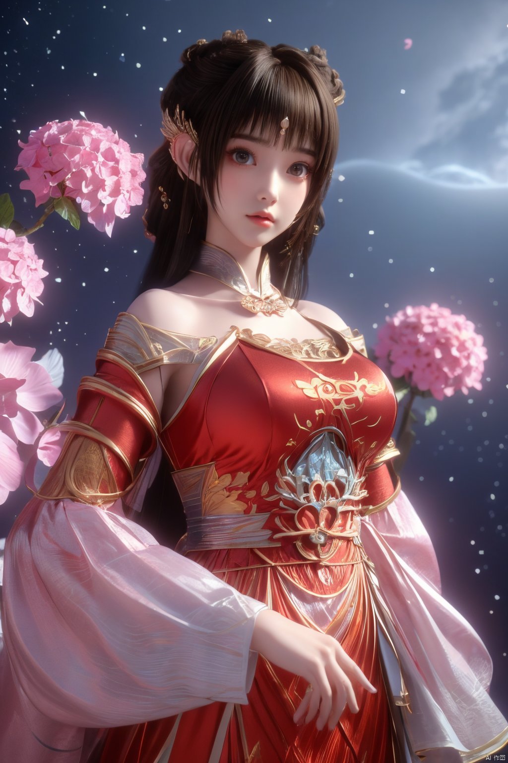 masterpiece,best quality,official art,extremely detailed CG unity 8k wallpaper,1girl, upper body,chinese clothes, above clouds, asteroid, spacecraft,Xyunluo,(big_breasts:1.39),(Hydrangea,X-Hydrangea),Xlimuwan, Water_butterfly,Xcheongsam, desert_sky,girl,depth of field, 1 girl