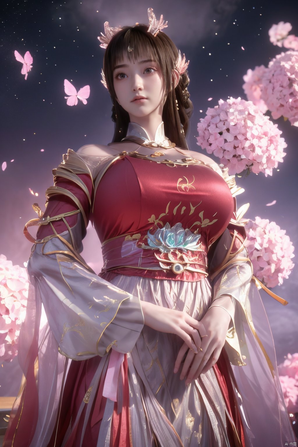 masterpiece,best quality,official art,extremely detailed CG unity 8k wallpaper,1girl, upper body,chinese clothes, above clouds, asteroid, spacecraft,Xyunluo,(big_breasts:1.39),(Hydrangea,X-Hydrangea),Xlimuwan, Water_butterfly,Xcheongsam, desert_sky,girl,depth of field, 1 girl