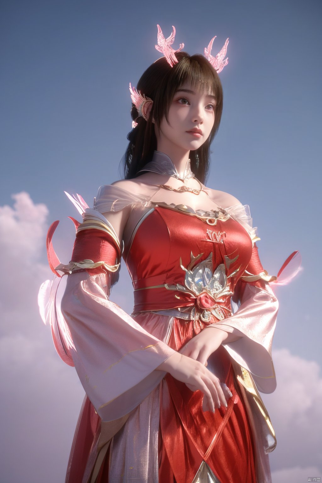 masterpiece,best quality,official art,extremely detailed CG unity 8k wallpaper,1girl, upper body,chinese clothes, above clouds, asteroid, spacecraft,Xyunluo,(big_breasts:1.39),(Hydrangea,X-Hydrangea),Xlimuwan, Water_butterfly,Xcheongsam, desert_sky,girl,depth of field, 1 girl