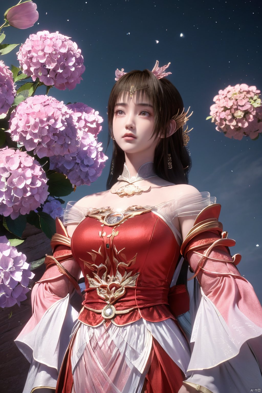 masterpiece,best quality,official art,extremely detailed CG unity 8k wallpaper,1girl, upper body,chinese clothes, above clouds, asteroid, spacecraft,Xyunluo,(big_breasts:1.39),(Hydrangea,X-Hydrangea),Xlimuwan, Water_butterfly,Xcheongsam, desert_sky,girl,depth of field, 1 girl