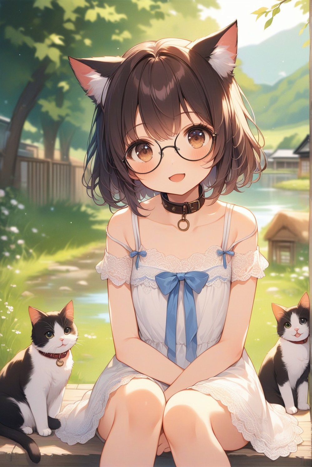 beautiful details, uniform 8K wallpaper, high resolution, exquisite texture in every detail,  beautiful illustration,manga touch

1girl, ((high school-age girl)), shyness,
look at viewer, cowboy shot,
summer, japanese countryside, in lakeside,
white Summer-like camisole dress , blue line ribbon, lots of lace,

((nekomimi)),Cat ears the same color as her hair,
short hair, open mouth, (glasses), round eyes, cat collar, , black hair, smile,

sitting, in the park, play with cats,


nekomimimeganekao